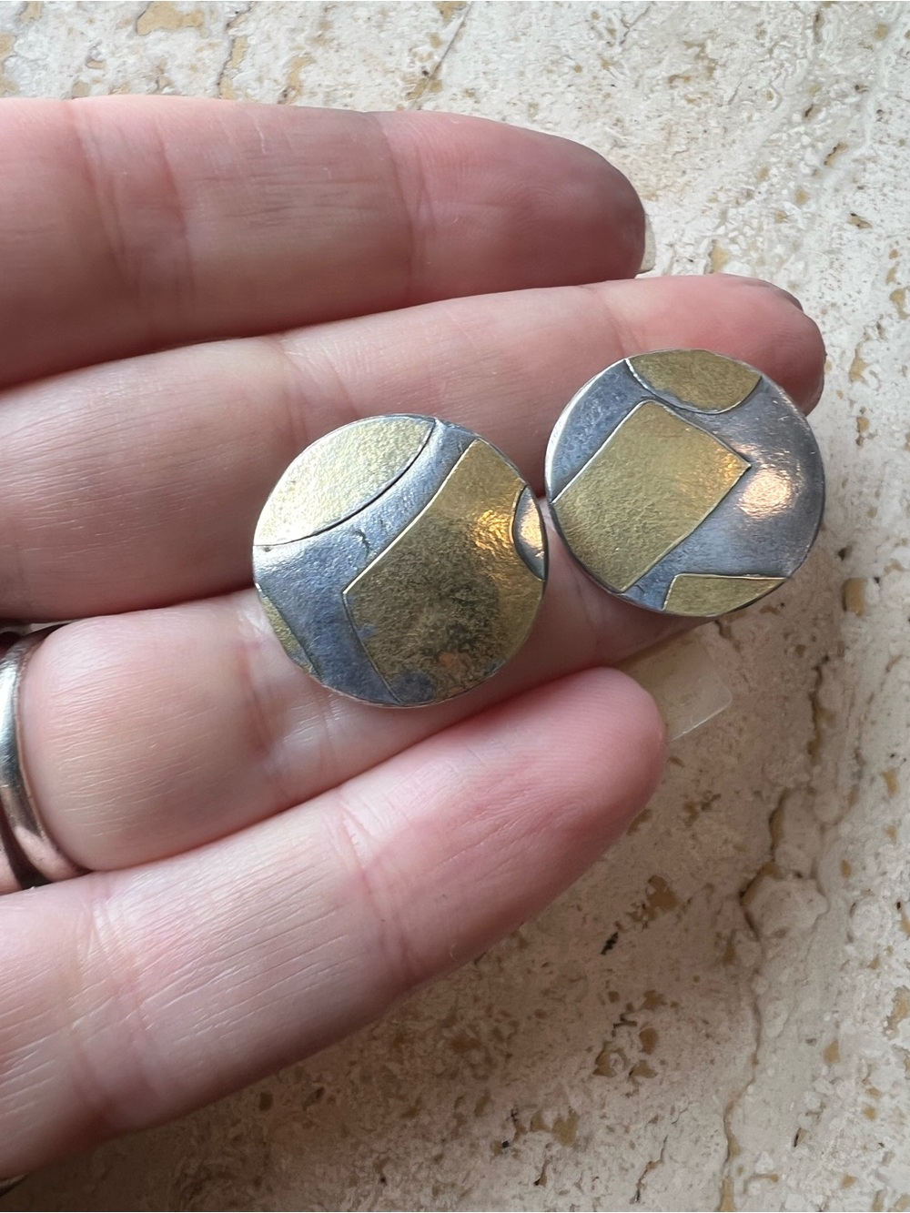 Amazing Vintage Sterling Silver Brass Post Round Geometric Modernist Earrings